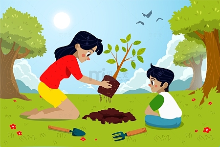 母子植树节户外植树