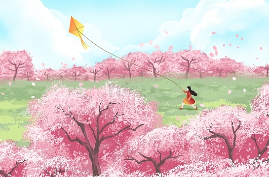 春天樱花小女孩放风筝插画背景