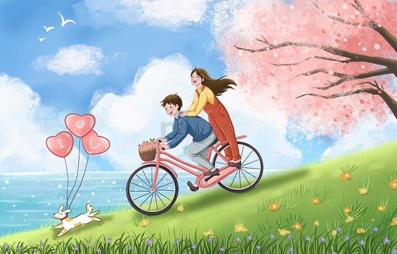情侣户外骑自行车小狗爱心气球樱花