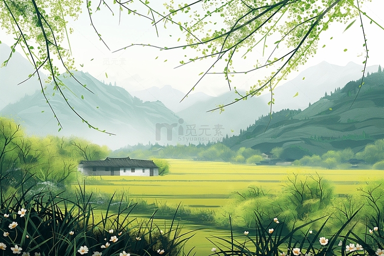绿色小清新春天户外野营绿植风景背景插画