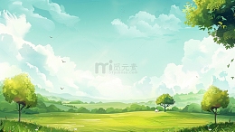 小清新夏天唯美天空蓝天白云草地插画