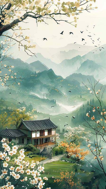 春天水墨风景插画