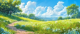 小清新蓝天白云草地插画背景