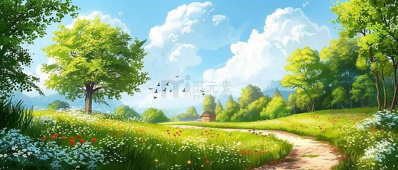手绘夏日蓝天白云草地插画海报背景