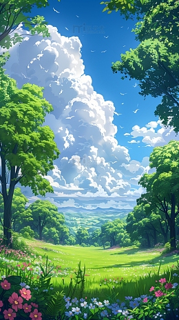 手绘户外蓝天白云草地插画海报背景
