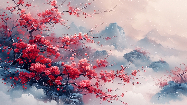 粉红色樱花中国风水墨画背景