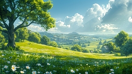 小清新夏天蓝天白云草地风景1