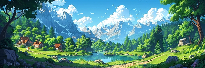 蓝天白云春天户外森林风景装饰插画背景
