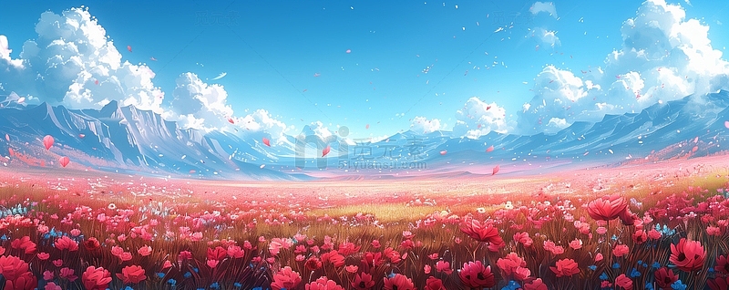 唯美花朵草地蓝天白云户外插画背景