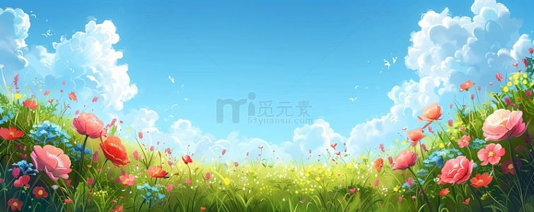 蓝天白云鲜花海报插画背景