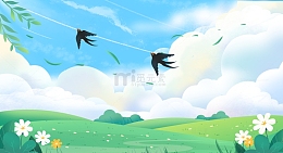 绿色文艺小清新春季花草草坪春游背景插画