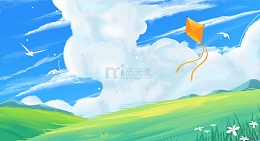 文艺绿色春季户外风景草坪蓝天白云插花背景