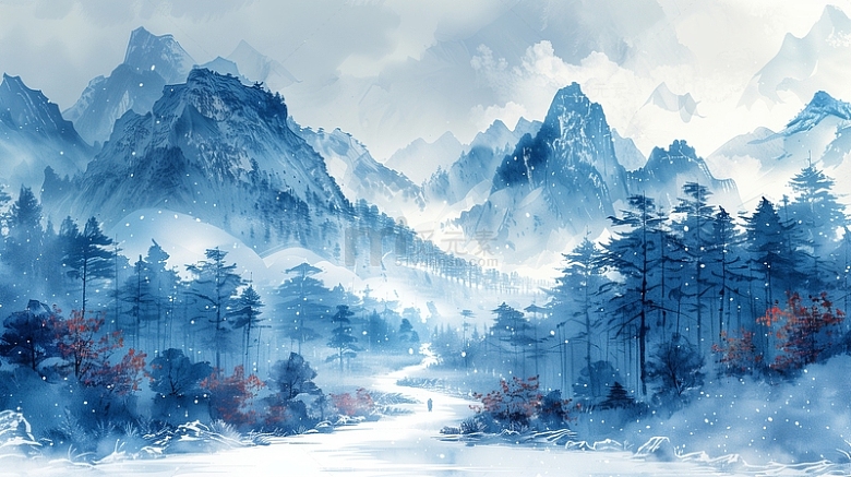 中国风水墨山水画雪景背景