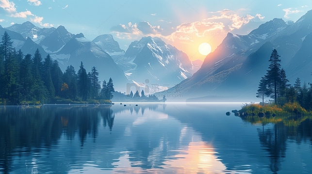 雪山风景插画水墨画