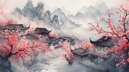 中国画古典水墨画山水梅花