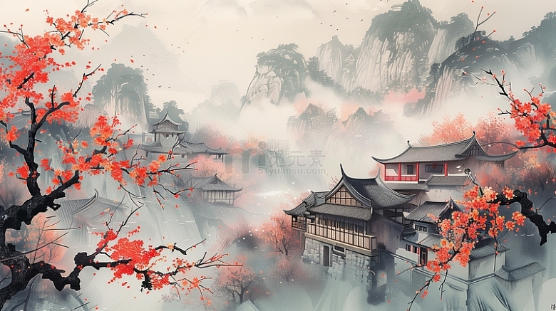 中国风手绘国潮古风水墨画风景山水背景