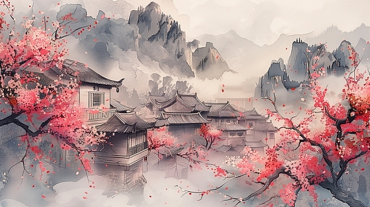 中国风水墨山水画海报背景素材