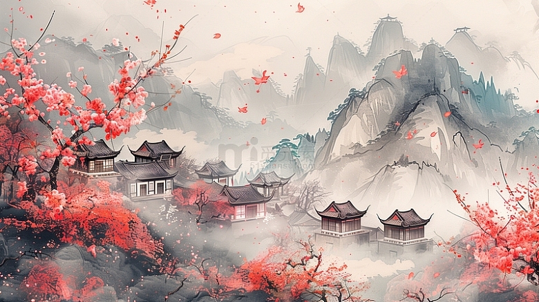 手绘中国风水墨山水画植物古风背景
