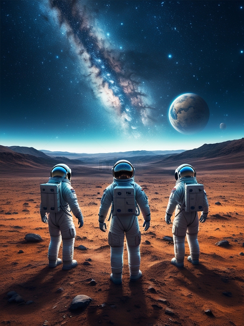 三个宇航员在火星回望地球星空