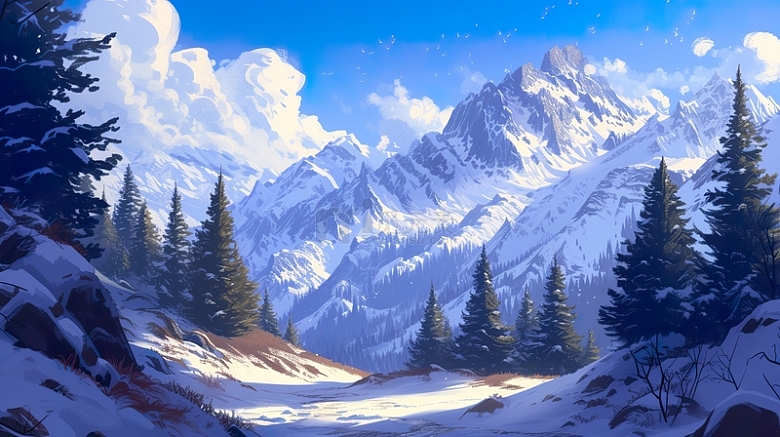 唯美雪山雪景插画背景