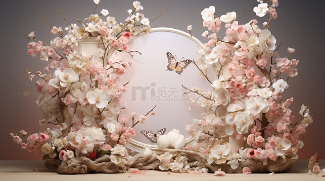 春天桃花展板白粉色蝴蝶