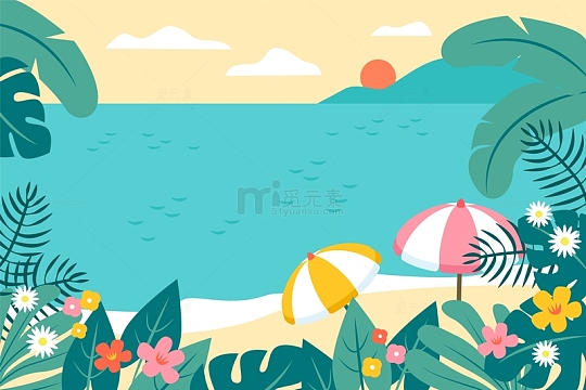 蓝色清新海岛大海卡通插画