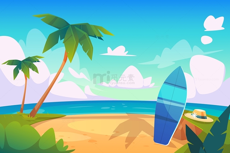 手绘夏季夏天假期海边度假宣传海边