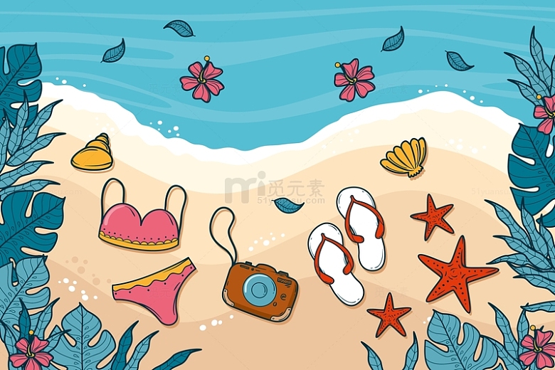卡通海洋夏日海边旅游度假插画