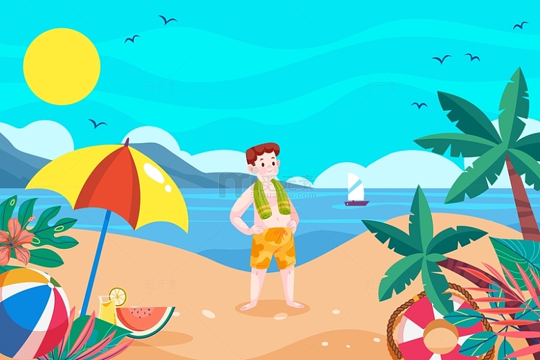 手绘夏季海滩旅行插画