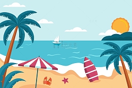 蓝色大海沙滩度假插画