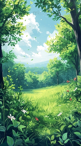 夏天立夏花草绿色小清新踏青春游H5背景