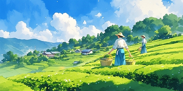ai创作手绘春日采茶插画
