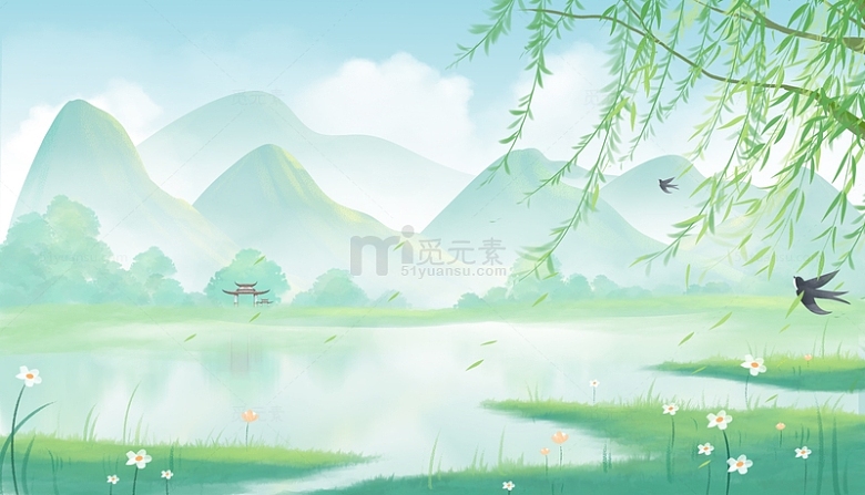 春天清明节中国风山水绿色淡雅古风背景插画