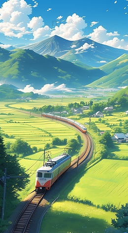 春天旅行火车田野郊游蓝天背景