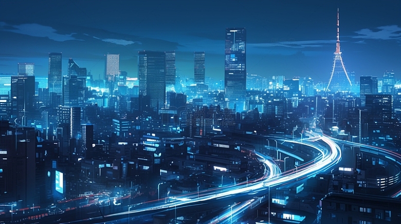 未来科技城市夜景慢门拍摄光轨效果