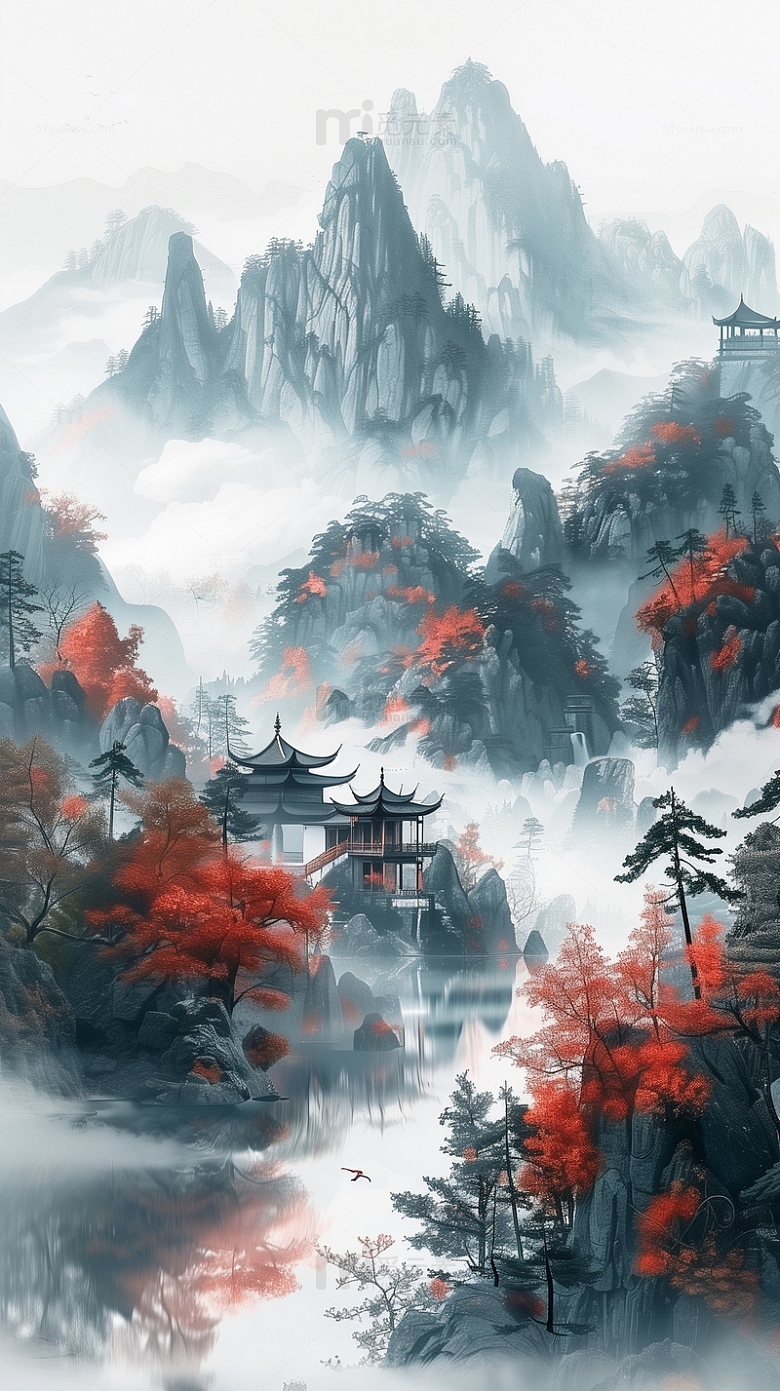 中国风典雅山水凉亭树木背景