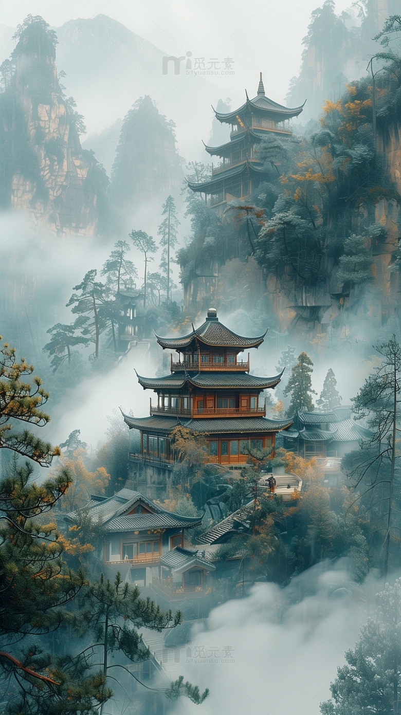 中国风山水寺庙背景