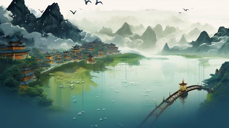 中国风古风国潮山水风景插画背景