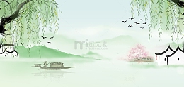 春天中式水墨柳树山水画海报背景