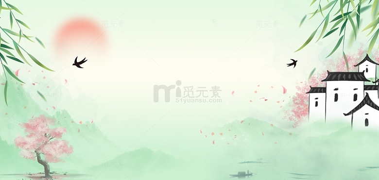 柳树桃花徽派建筑春天绿色中式海报背景