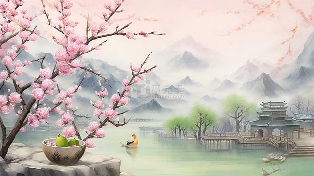 中国风粉色谷雨节气春天桃花展板背景