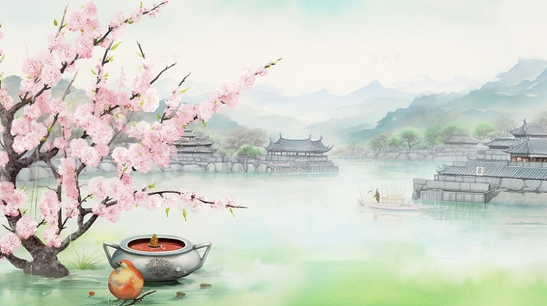 中国风桃花山水水墨画展板背景