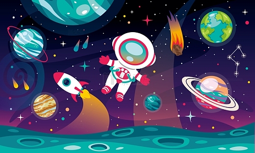 手绘彩色宇航员星空火箭场景