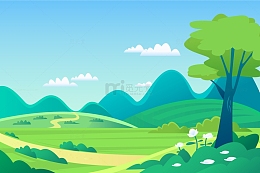 春景户外山丘草地手绘