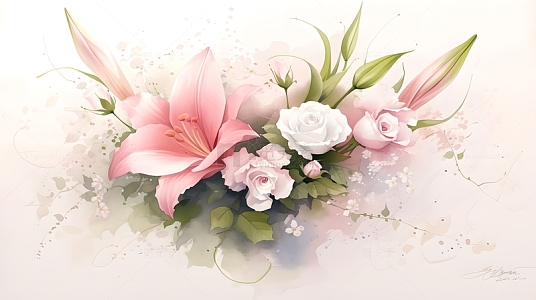 国风水彩百合花素材