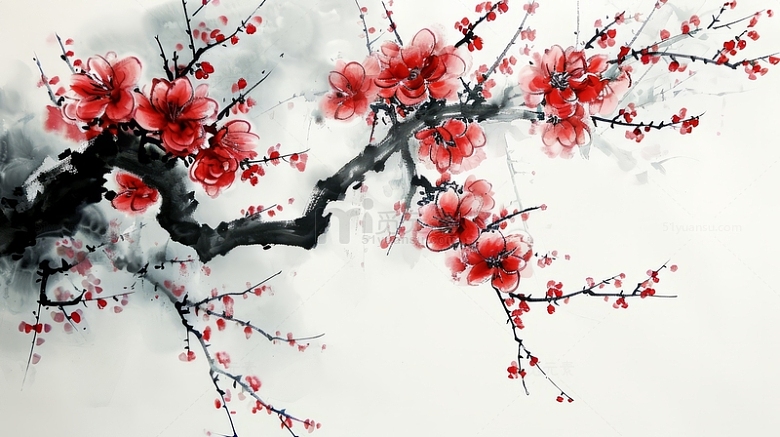 中国风水墨风梅花花卉手绘素材