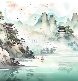 中国风蓝色烟雨江南插画背景