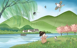 春天清明时节春游风景放风筝大自然