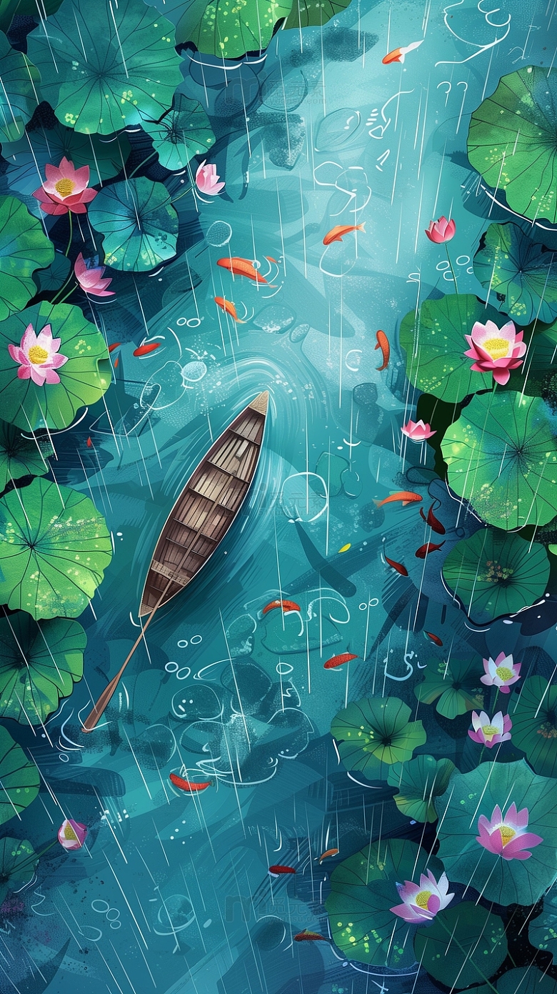 雨中的池塘插画背景