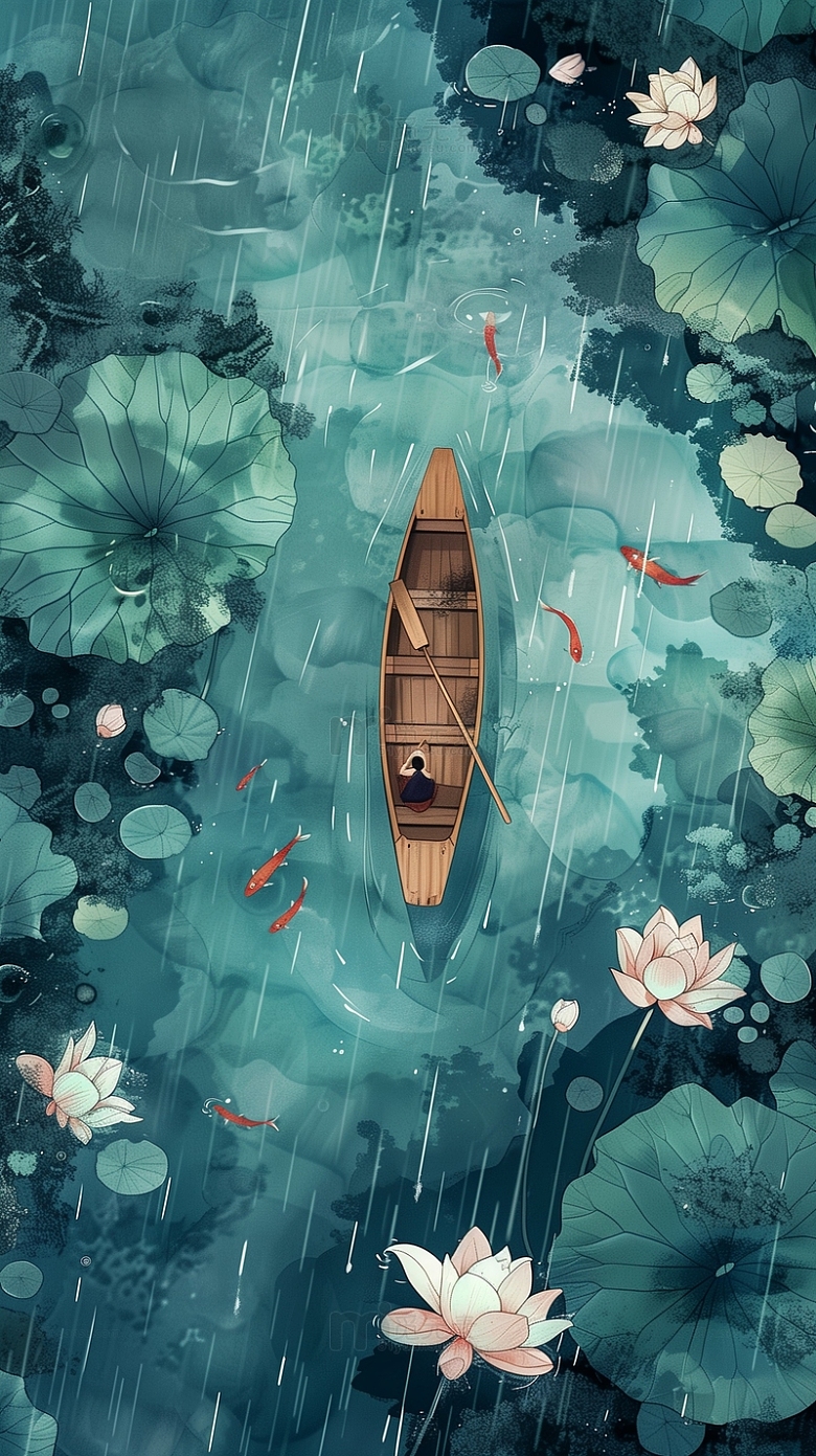 雨中池塘划船插画背景